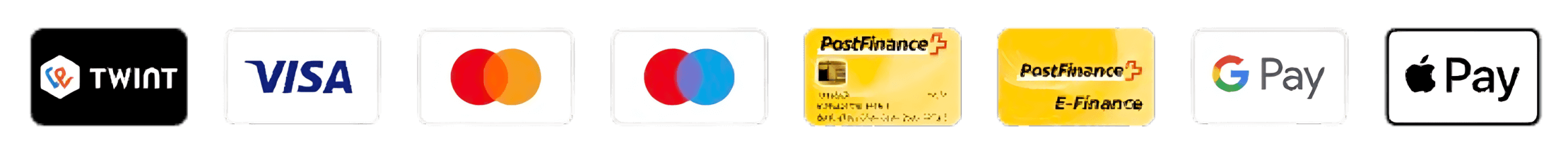 Payment options including Visa, MasterCard, PostFinance, Google Pay, and Apple Pay icons for online transactions.