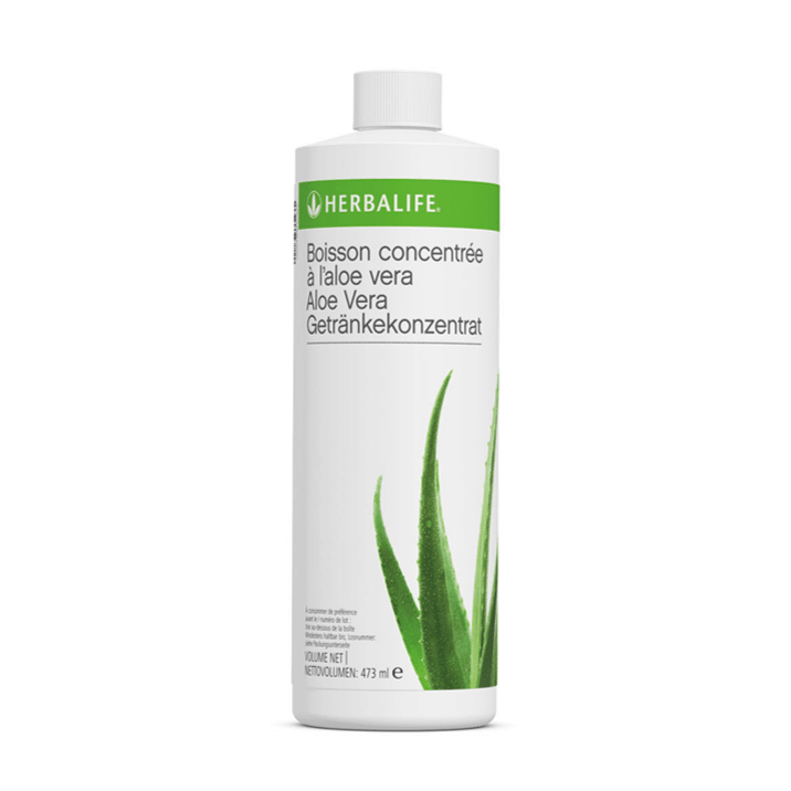 Herbalife Aloe Vera Drink Concentrate bottle featuring aloe vera plant on label for healthy hydration.