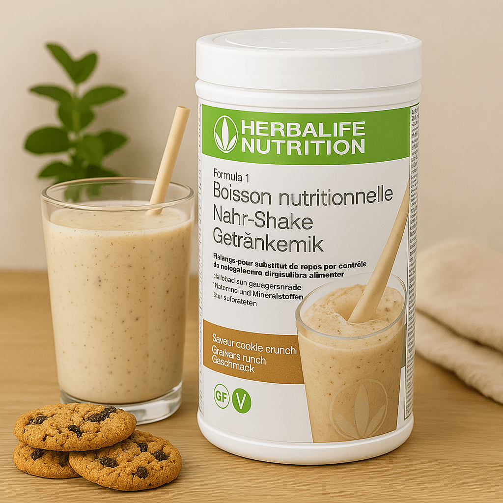 Herbalife Formula 1 - Shake Smooth nutritional shake mix with a glass of smoothie and cookies on a wooden table.