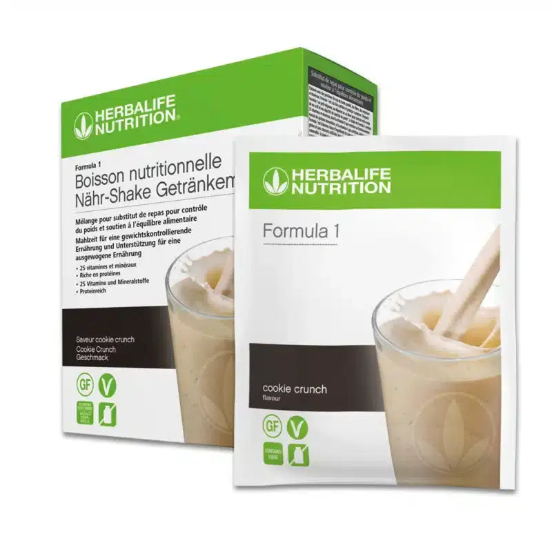 Herbalife Formula 1 - Shake Cookie Crunch Pack with individually wrapped servings for nutritious meals on the go.