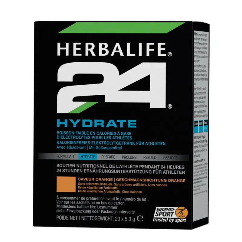 Herbalife H24 Hydrate Orange low-calorie electrolyte drink for athletes and hydration support.
