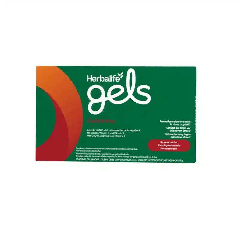 Herbalife Gels CoQ10Vita packaging showcasing delicious cherry-flavored energy-boosting jelly drops.