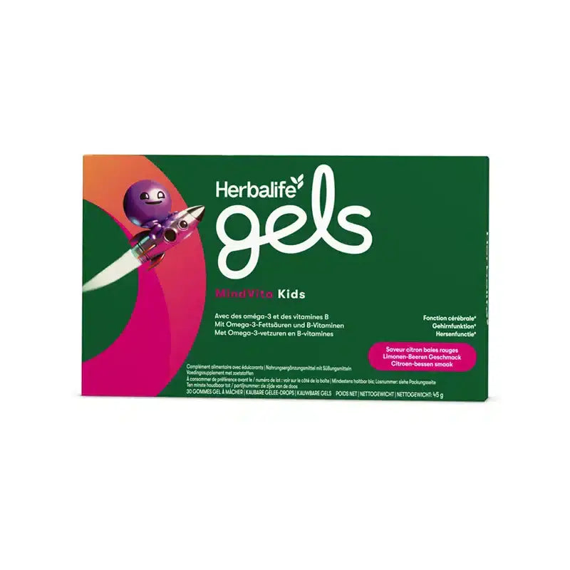Herbalife Gels MindVita Kids product packaging featuring colorful graphics and nutritional information for children.