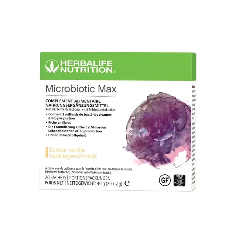 Herbalife Microbiotic Max product packaging featuring probiotics and prebiotic fiber in single-serve sachets.