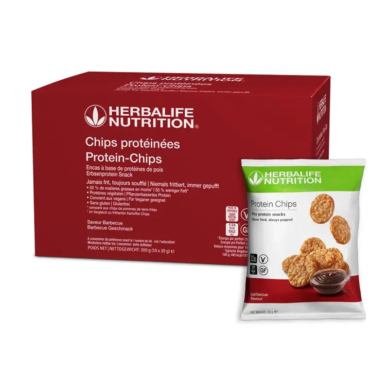 Herbalife Protein Chips box and individual pack, a healthy snack for active lifestyles, barbecue flavor.
