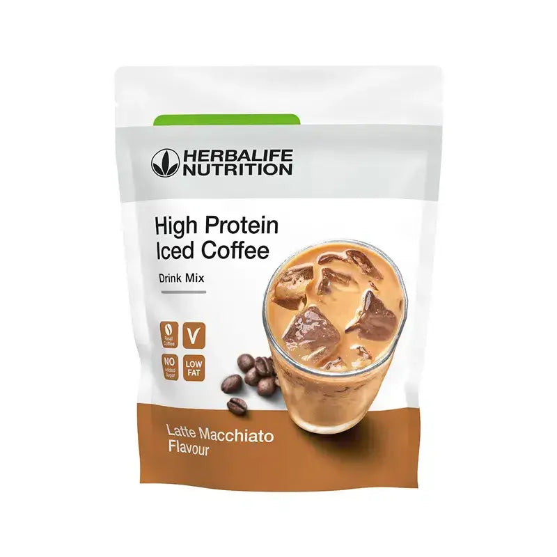 Herbalife High Protein Iced Coffee - Latte Macchiato drink mix packaging with iced coffee glass and coffee beans.