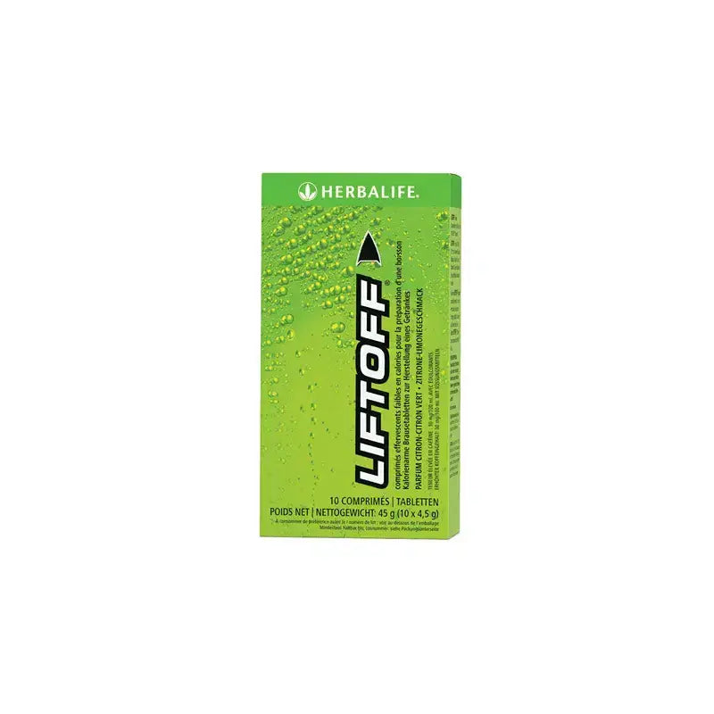 Herbalife Liftoff Energy Drink packaging with vibrant green design and water droplets.