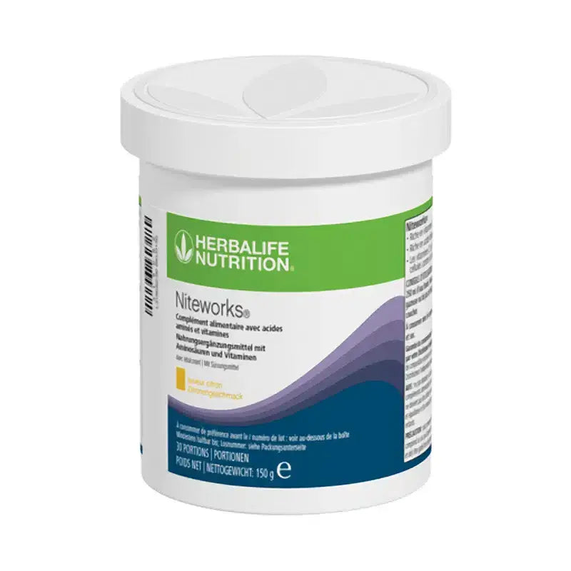 Herbalife Niteworks® dietary supplement container promoting sleep support and immune health.