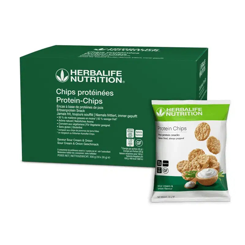 Herbalife Protein Chips pack with Sour Cream & Onion flavor for a crunchy, protein-rich snack.