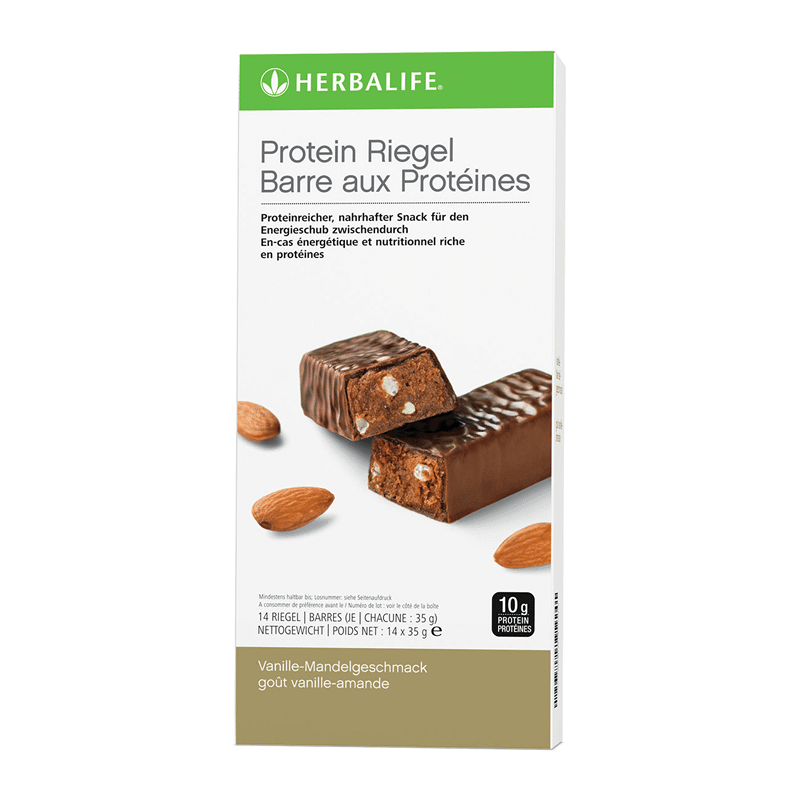 Confezione di barrette proteiche Herbalife al gusto di vaniglia e mandorla e barrette snack ricche di proteine