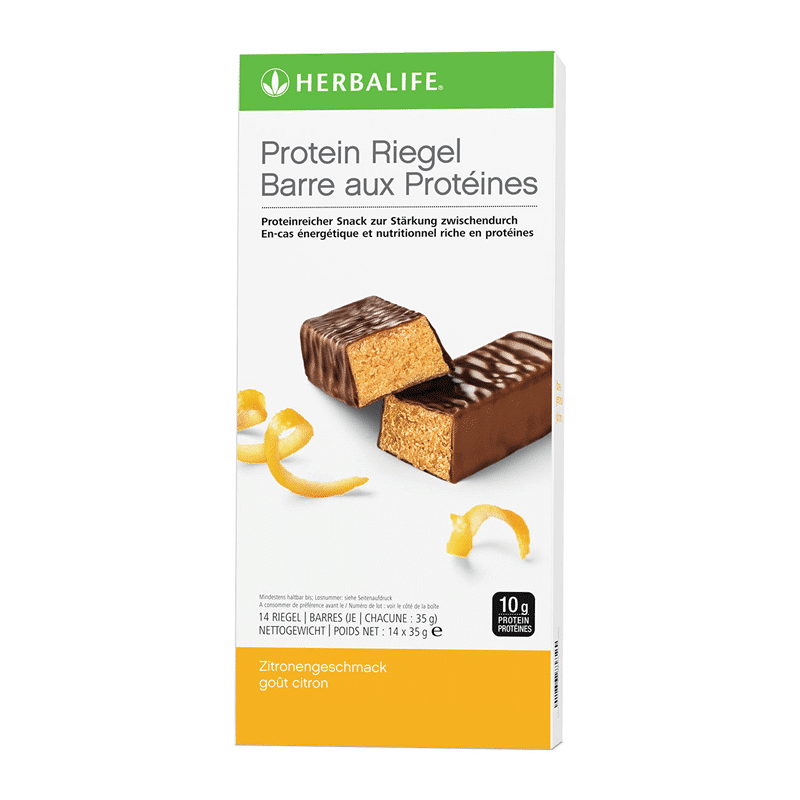 Herbalife Protein Bar packaging featuring a protein-rich snack with lemon flavor and chocolate coating.