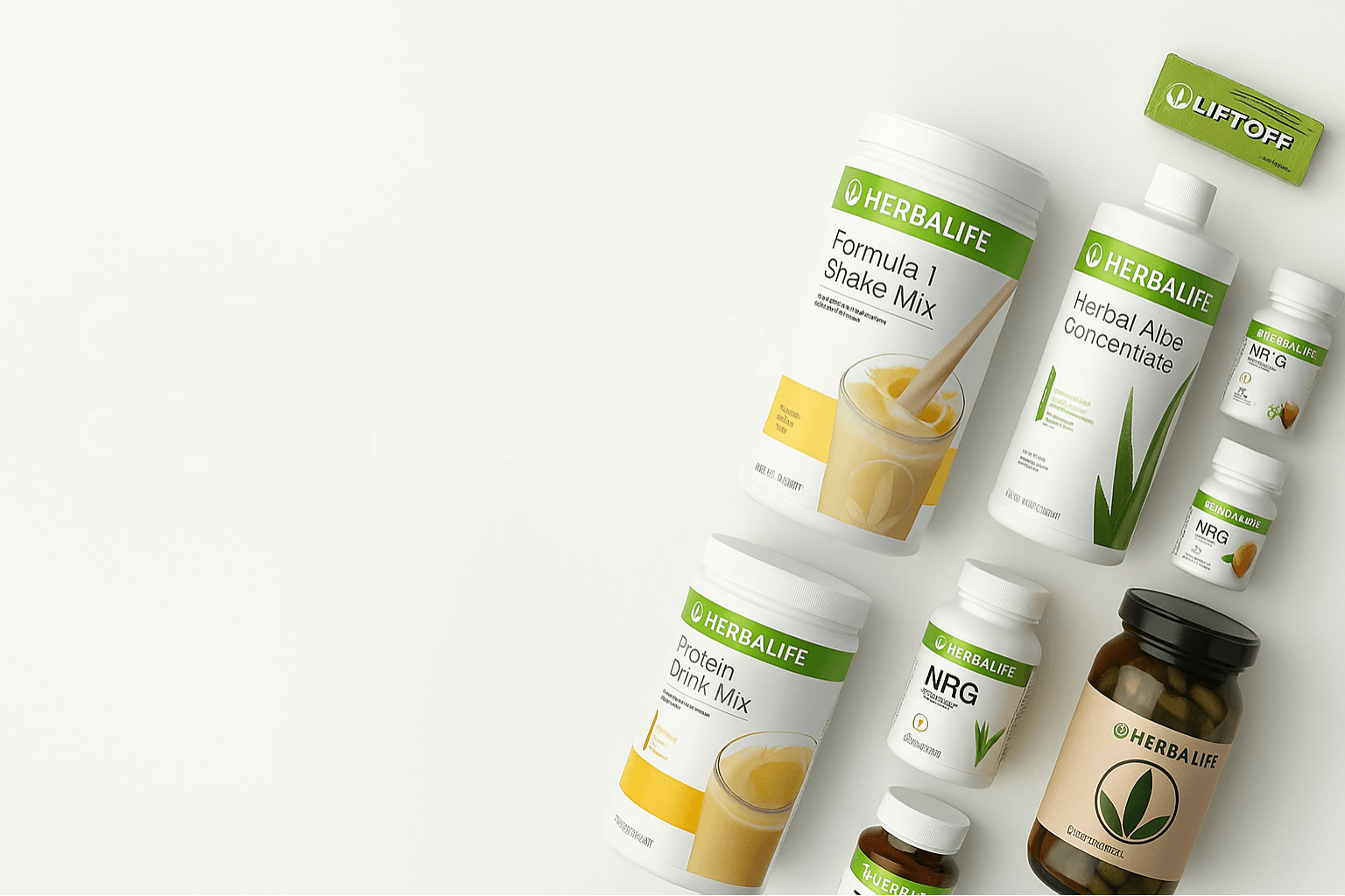 Prodotti Herbalife, tra cui miscele di frullati e integratori, su uno sfondo pulito per la nutrizione e il benessere.