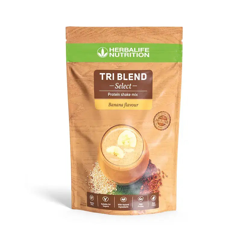 Herbalife Tri Blend Select protein shake mix with banana flavor in packaging.