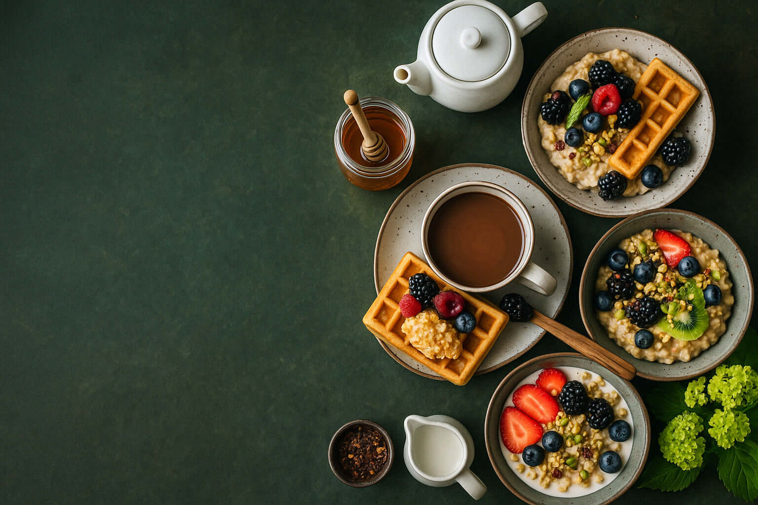 Deliziosa colazione con farina d'avena, waffle, frutti di bosco freschi e una tazza di caffè su una superficie scura.