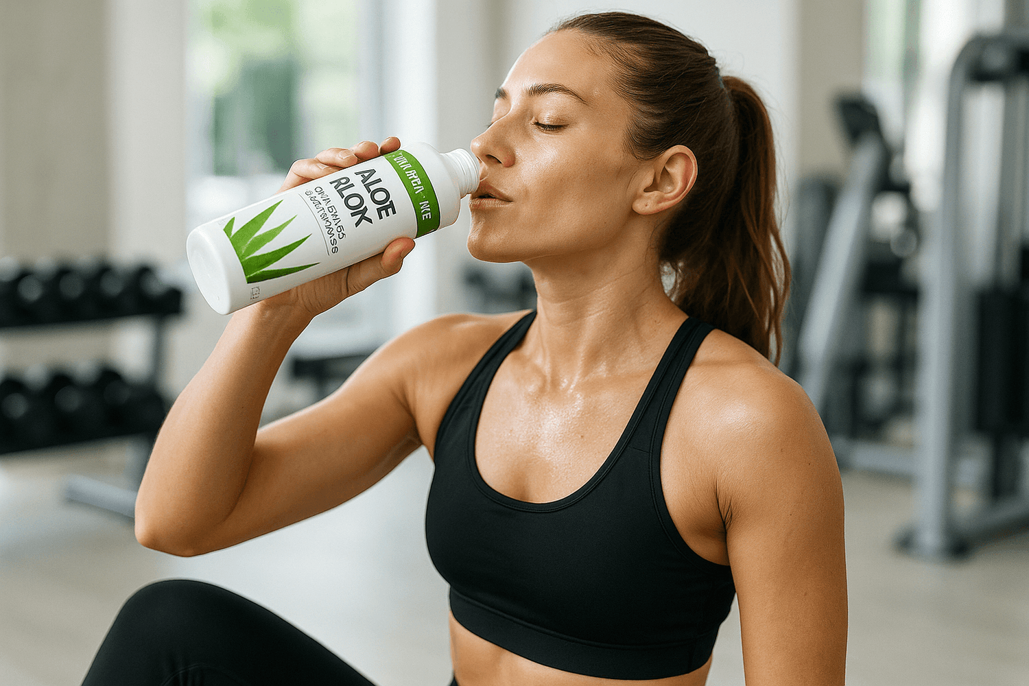 Donna in forma in abiti da allenamento che beve una bevanda all'aloe vera in un ambiente di palestra.