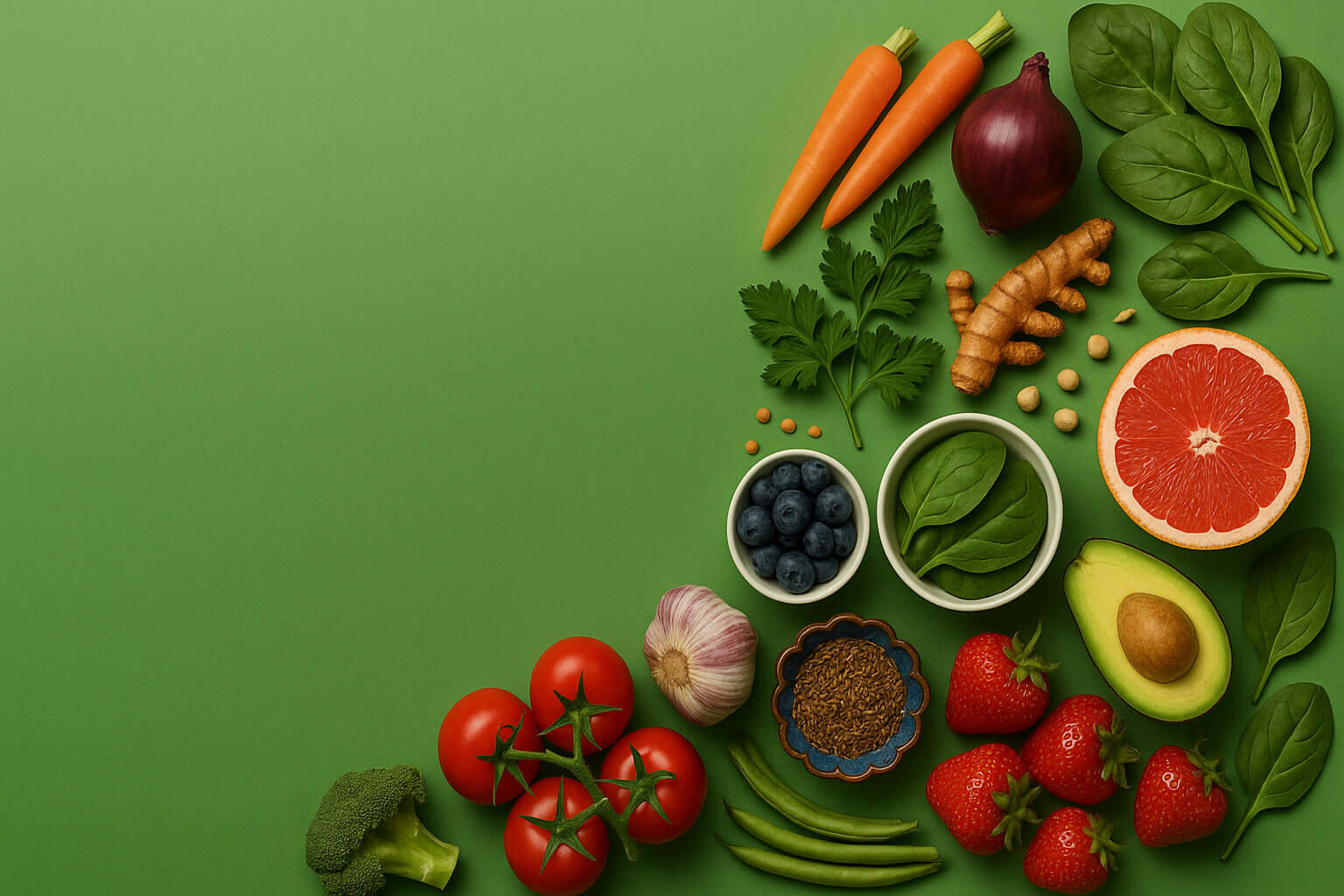 Assortimento vivace di frutta e verdura fresca su sfondo verde, tra cui carote, spinaci, pomodori e avocado.