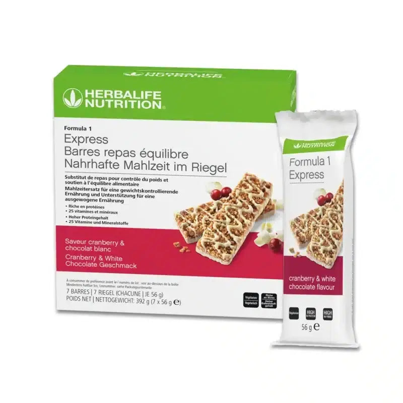 Herbalife Formula 1 - Express Bar packaging displaying Cranberry & White Chocolate flavor for nutritious on-the-go meals.