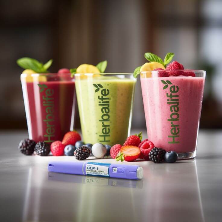Three colorful Herbalife smoothies in clear glasses with fresh fruits and a GLP-1 pen on a countertop.