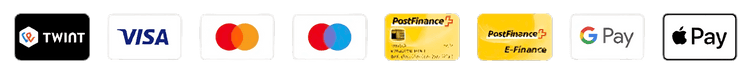 Payment options including Visa, MasterCard, PostFinance, Google Pay, and Apple Pay icons for online transactions.