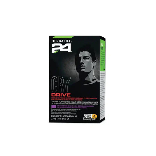 Herbalife CR7 Drive Portion Packs packaging featuring Cristiano Ronaldo for endurance support during workouts.