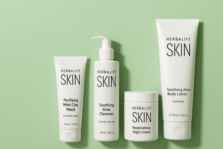 Four Herbalife Skin products on a green background: Purifying Mint Clay Mask, Soothing Aloe Cleanser, Replenishing Night Cream, Soothing Aloe Body Lotion.