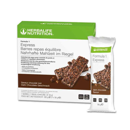 Herbalife Formula 1 - Express Bar packaging and dark chocolate bar, nutritious meal on-the-go.