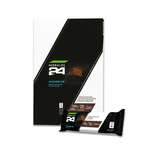 Herbalife H24 Achieve Protein Bar pack and single bar showcasing rich dark chocolate flavor and nutrition.