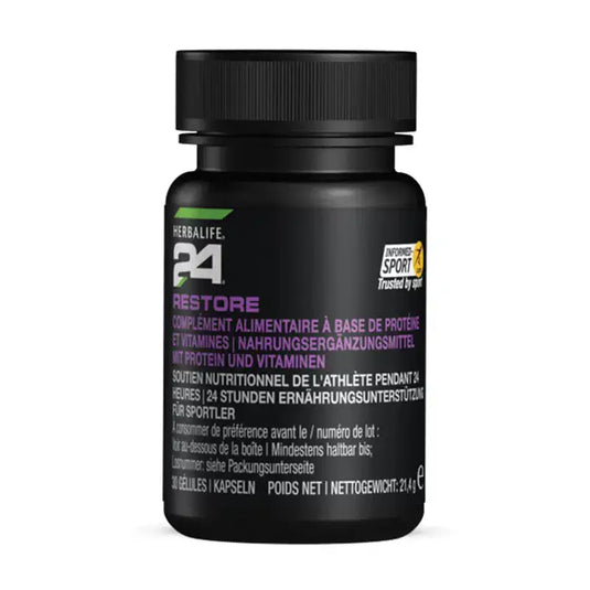 Herbalife H24 Restore nighttime supplement for athlete recovery and optimal nutrition. Supports post-workout replenishment.