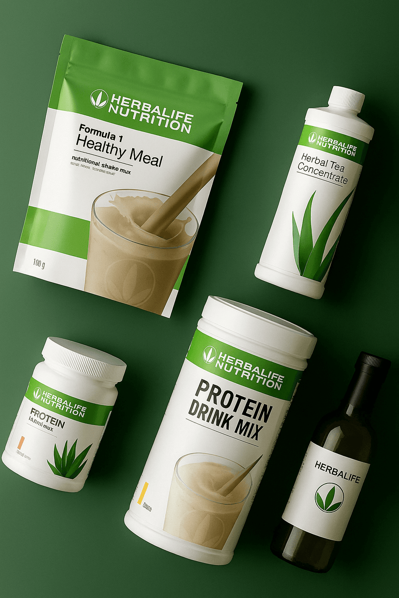 Herbalife Nutrition products including protein drink mix, healthy meal formula, and herbal tea concentrate on green background.
