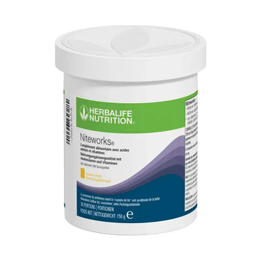 Herbalife Niteworks® dietary supplement container promoting sleep support and immune health.