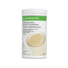 Herbalife Protein Drink Mix Contenitore alla vaniglia con frullato di proteine in un bicchiere.