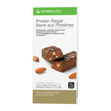 Confezione di barrette proteiche Herbalife al gusto di vaniglia e mandorla e barrette snack ricche di proteine