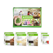 Pacchetto di prova Herbalife con prodotti assortiti, tra cui frullati e tè, in un sacchetto con il marchio Herbalife.