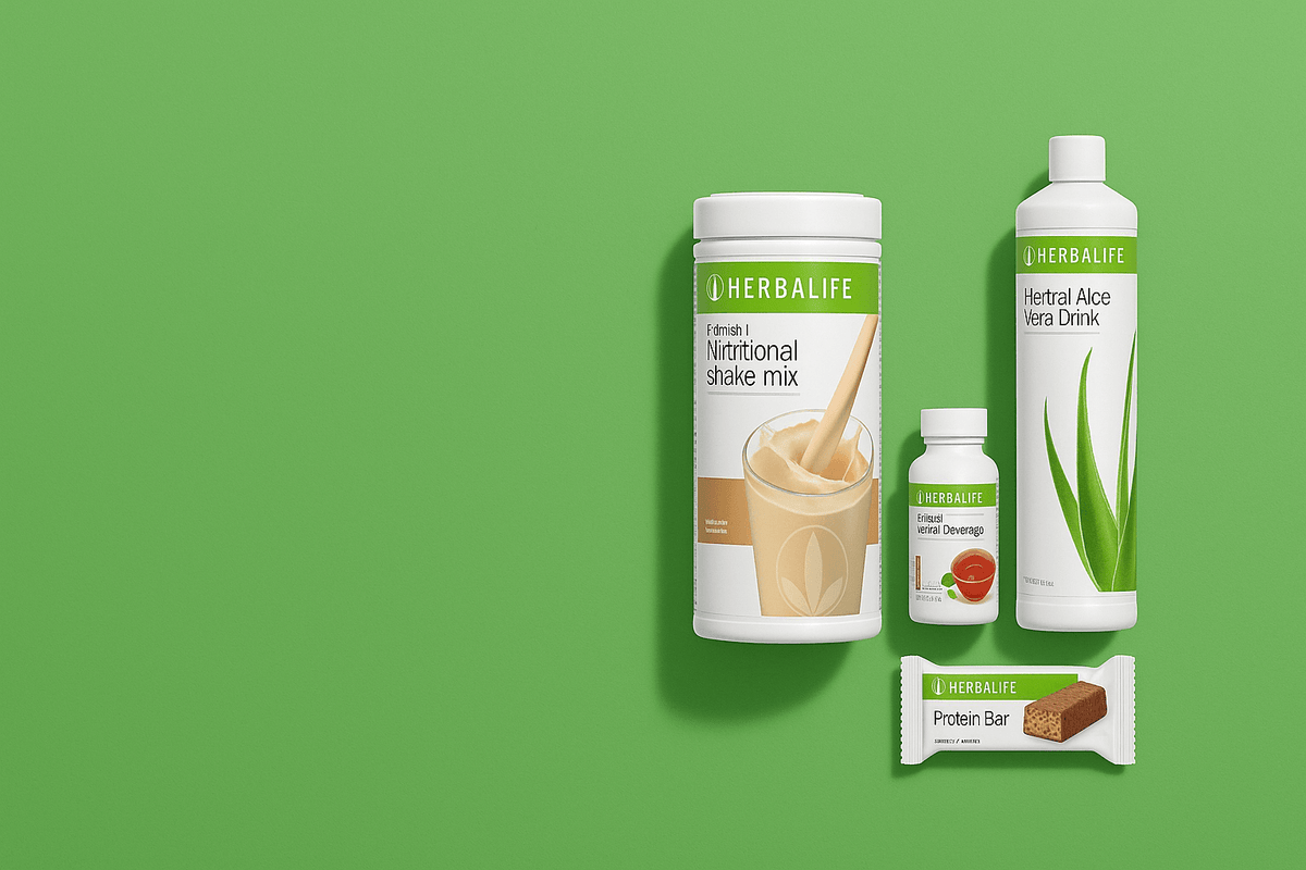Herbalife nutritional products including shake mix, aloe vera drink, and protein bar on green background.