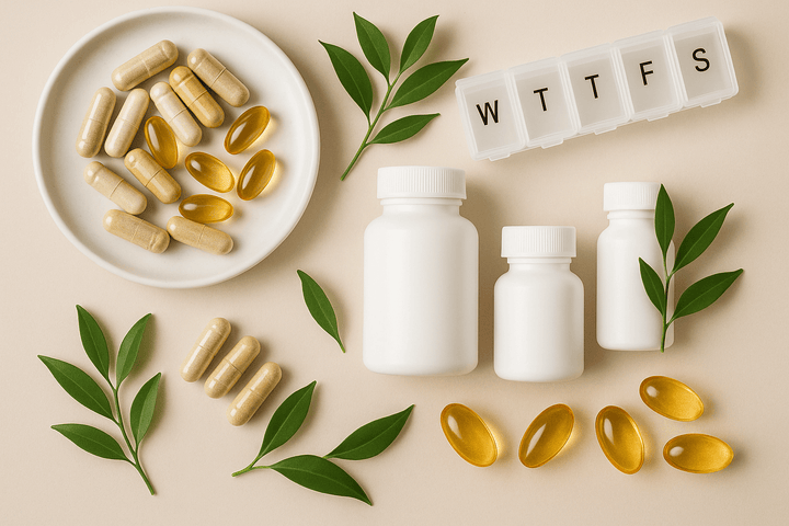 Varietà di vitamine e integratori in bottiglie con capsule, olio di pesce e foglie verdi su uno sfondo neutro.