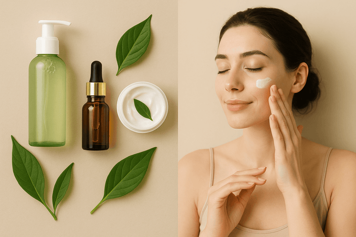 Prodotti per la cura della pelle, tra cui un flacone verde, un siero, una crema e una donna che applica una crema idratante sul viso.